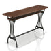 Right angled modern toasted barnwood and metal counter height table with a trestle base on a white background