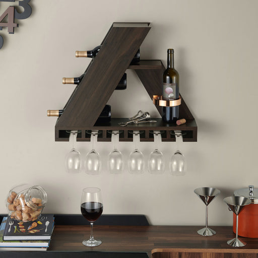 Front-facing modern wenge wine display rack over a bar with accessories