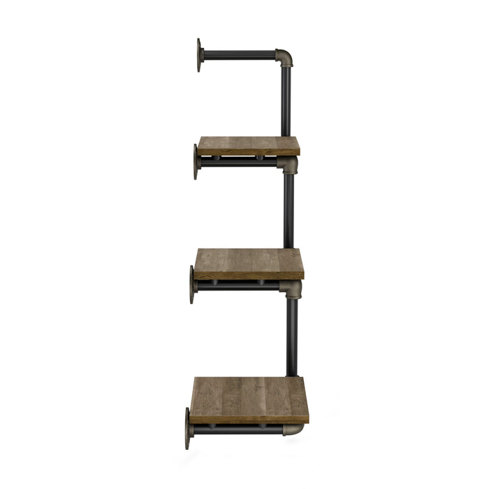Side-facing industrial staggered three-tier wall shelf with pipe-style framing and reclaimed oak surfaces on white background