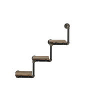 Front-facing industrial staggered three-tier wall shelf with pipe-style framing and reclaimed oak surfaces on white background