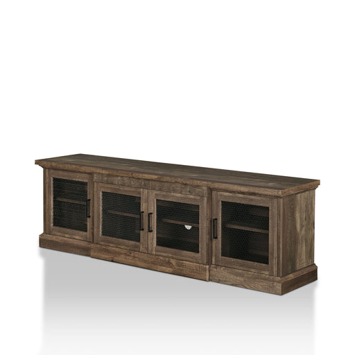 Left-angled rustic four-door TV stand with a reclaimed oak finish and metal mesh door inserts on a white background