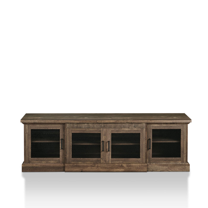 Front-facing rustic four-door TV stand with a reclaimed oak finish and metal mesh door inserts on a white background