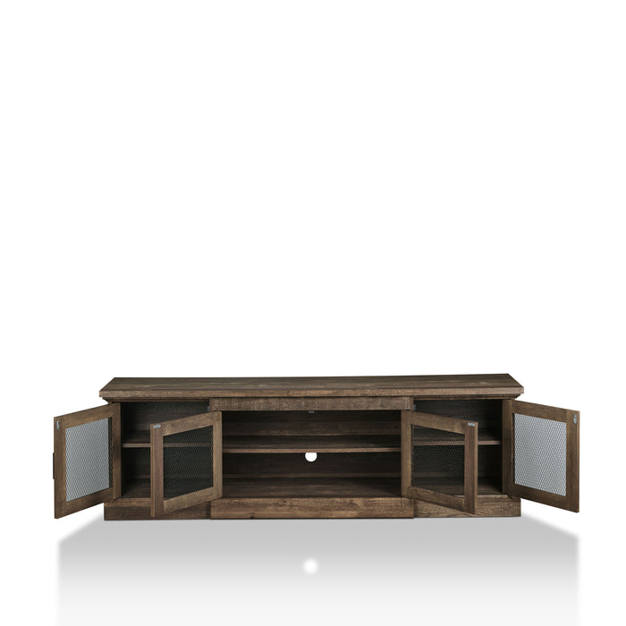 Front-facing rustic four-door TV stand with a reclaimed oak finish, doors open, and metal mesh door inserts on a white background