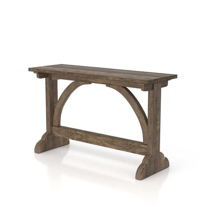 Left-angled rustic reclaimed oak wood finish console table with arch braces on a white background