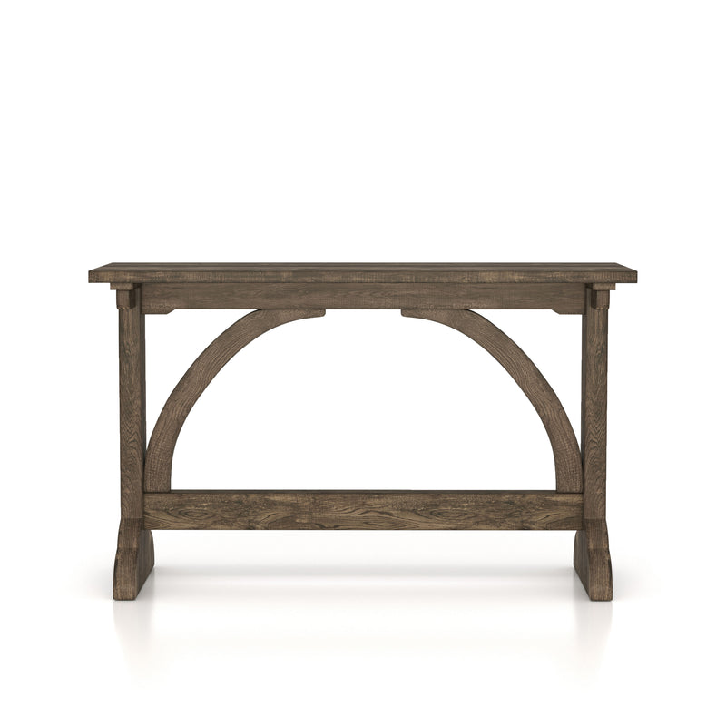 Front-facing rustic reclaimed oak wood finish console table with arch braces on a white background