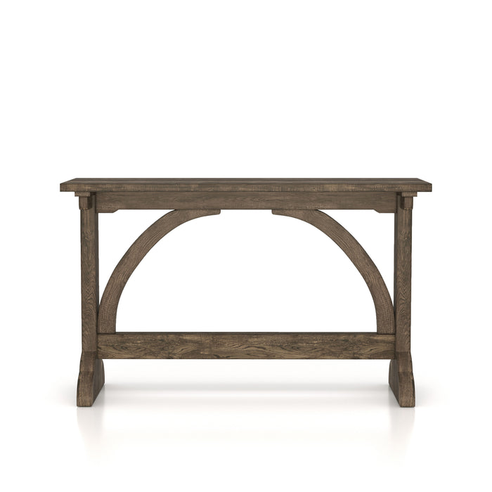 Front-facing rustic reclaimed oak wood finish console table with arch braces on a white background