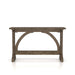 Front-facing rustic reclaimed oak wood finish console table with arch braces on a white background