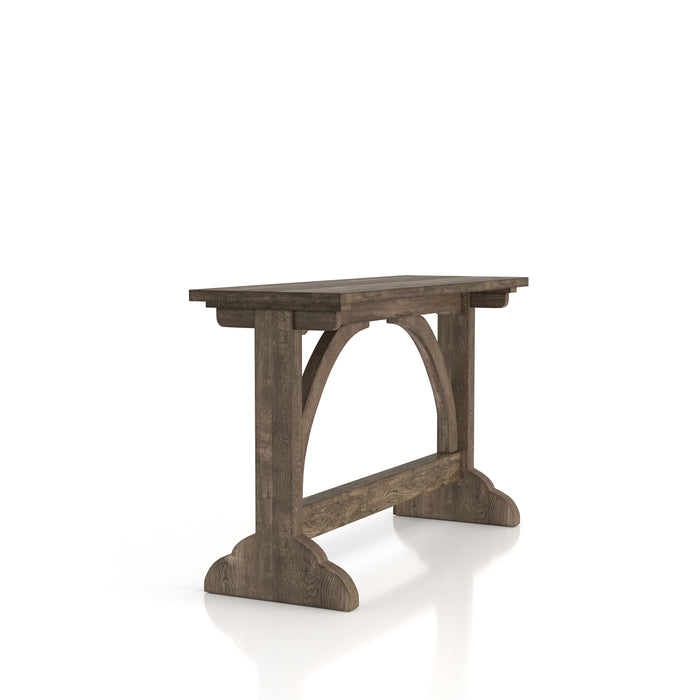 Right-angled side view rustic reclaimed oak wood finish console table with arch braces on a white background