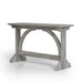Left-angled rustic vintage gray oak wood finish console table with arch braces on a white background