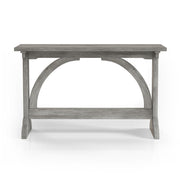 Front-facing rustic vintage gray oak wood finish console table with arch braces on a white background