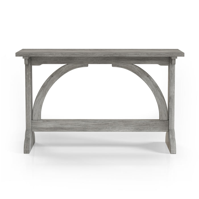 Front-facing rustic vintage gray oak wood finish console table with arch braces on a white background