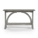 Front-facing rustic vintage gray oak wood finish console table with arch braces on a white background