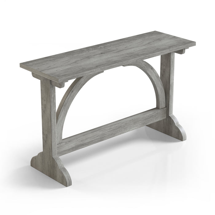 Right-angled top view rustic vintage gray oak wood finish console table with arch braces on a white background