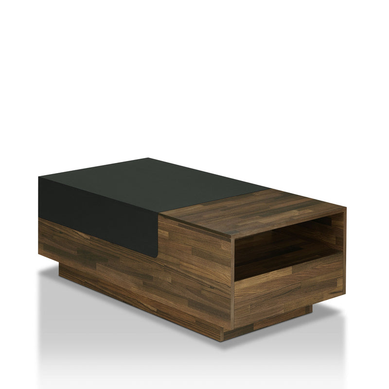 Left angled contemporary light hickory storage coffee table on a white background