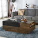 Left angled contemporary light hickory storage coffee table in a living room with accessories