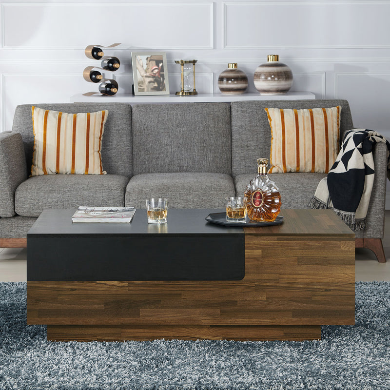Front-facing contemporary light hickory storage coffee table in a living room with accessories