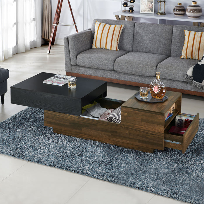 Left angled contemporary light hickory storage coffee table with drawers open in a living room with accessories
