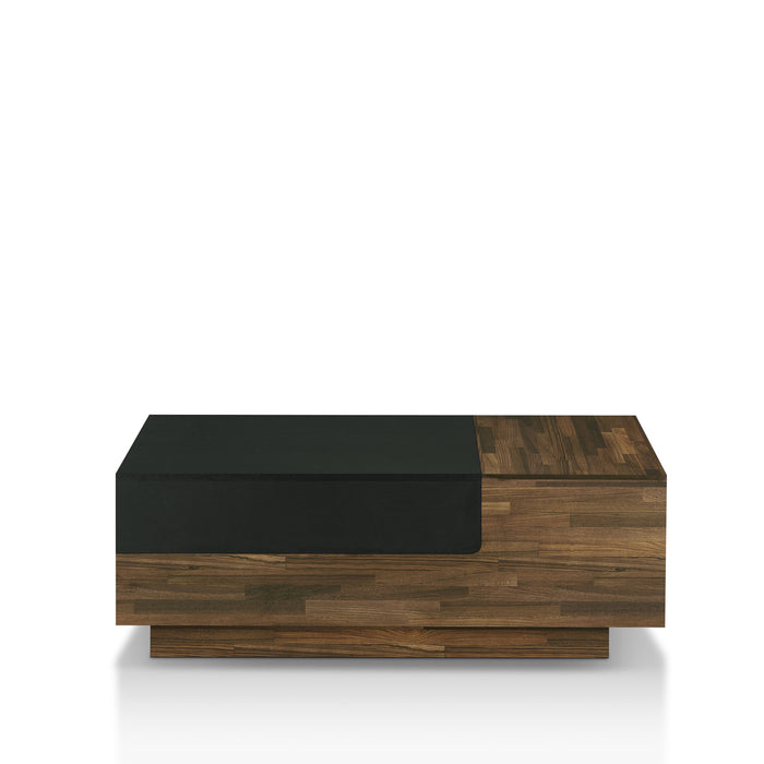Front-facing contemporary light hickory storage coffee table on a white background
