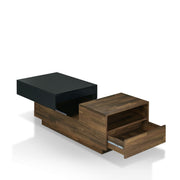 Left angled contemporary light hickory storage coffee table with drawers open on a white background