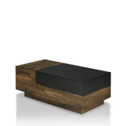Left angled contemporary light hickory storage coffee table on a white background