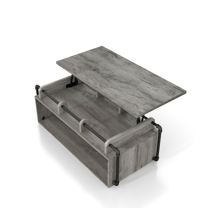 Left angled top view industrial vintage gray oak lift-top coffee table with shelves and top up on a white background