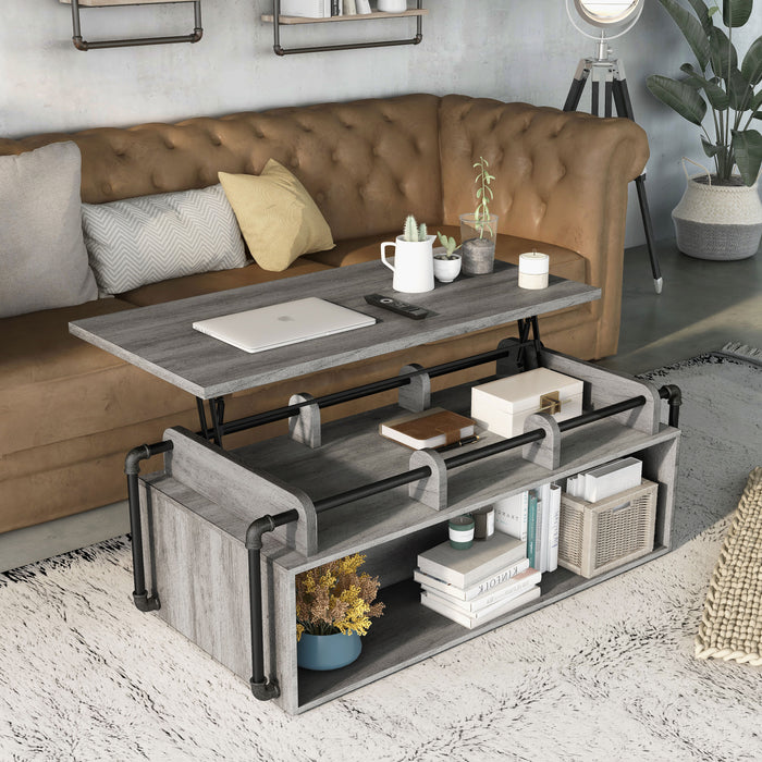 Right angled top view industrial vintage gray oak lift-top coffee table with shelves and top up in a living room with accessories