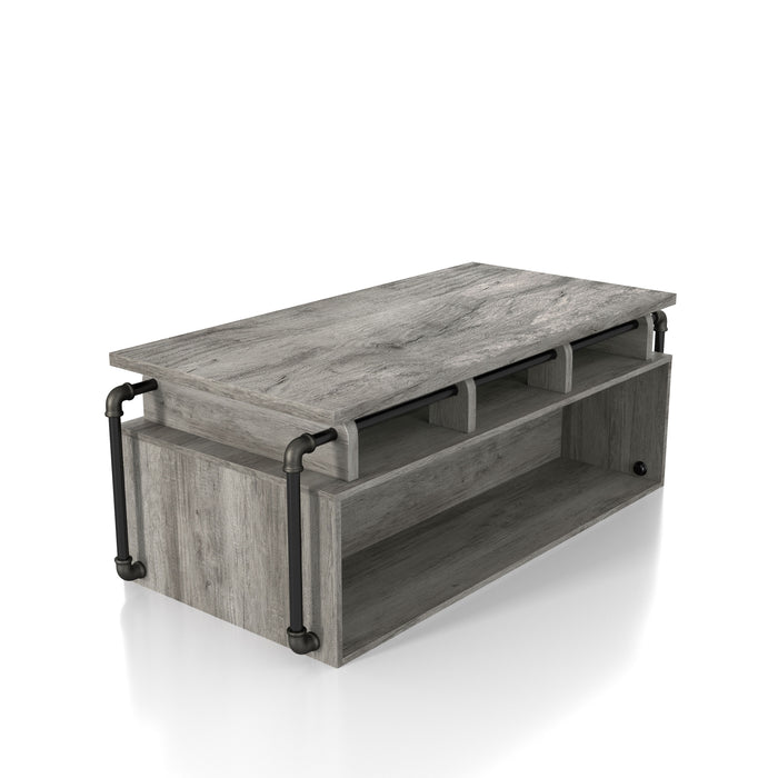 Right angled industrial vintage gray oak lift-top coffee table with shelves on a white background