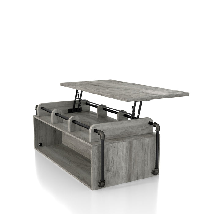 Left angled industrial vintage gray oak lift-top coffee table with shelves and top up on a white background