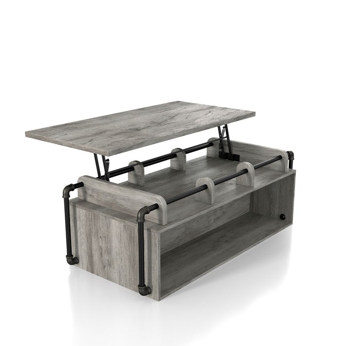 Right angled industrial vintage gray oak lift-top coffee table with shelves and top up on a white background
