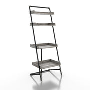 Right angled industrial vintage gray oak four-shelf leaning accent bookcase on a white background