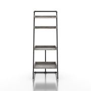 Front-facing set of two industrial vintage gray oak four-shelf leaning accent bookcases in a living area with accessories