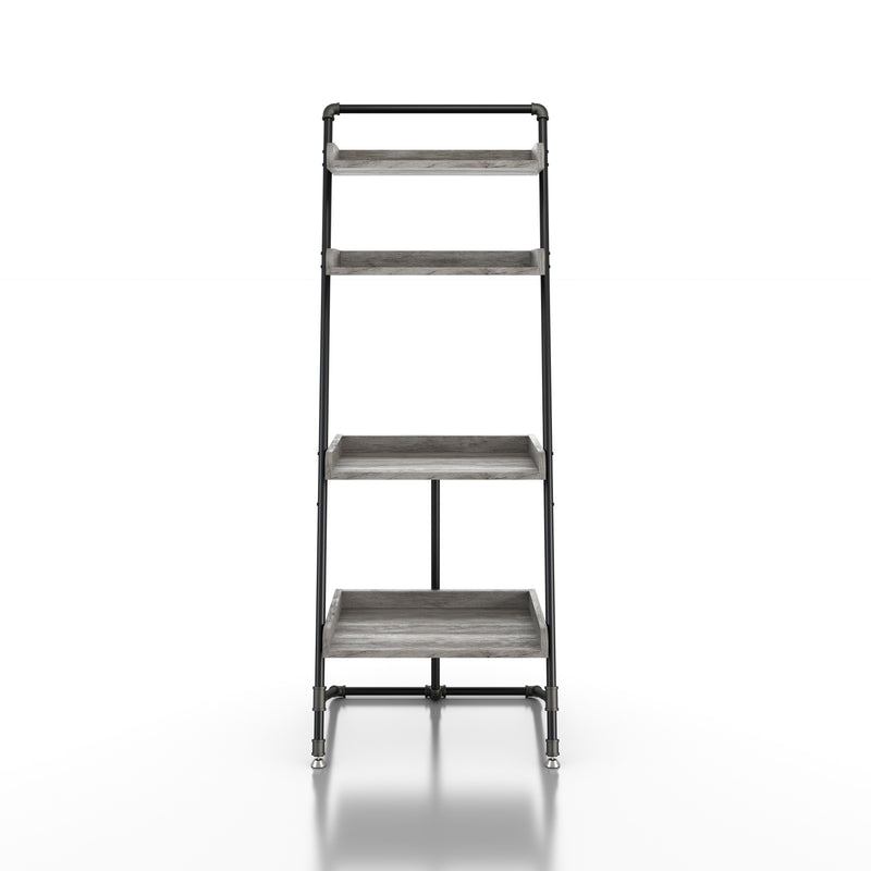 Front-facing set of two industrial vintage gray oak four-shelf leaning accent bookcases in a living area with accessories