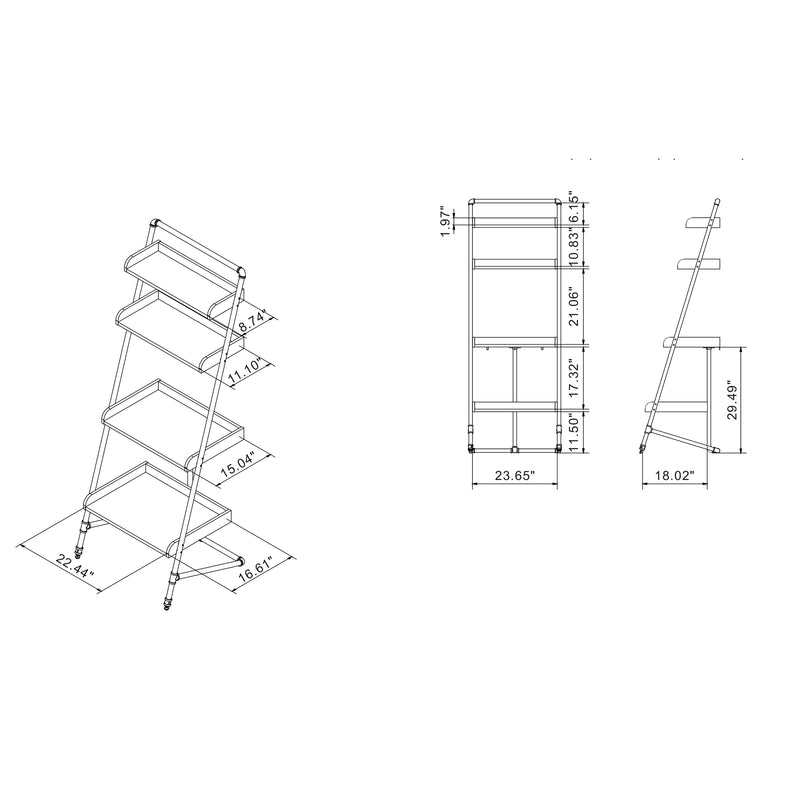 Multi-angle industrial vintage gray oak four-shelf leaning accent bookcase line drawing with dimensions on a white background