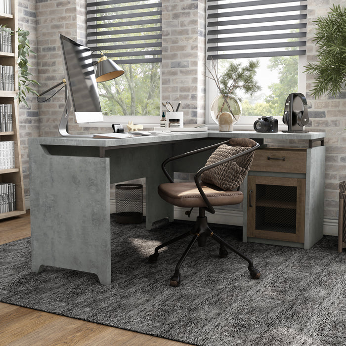 Right-angled cement-inspired L-shaped desk in an urban home office.