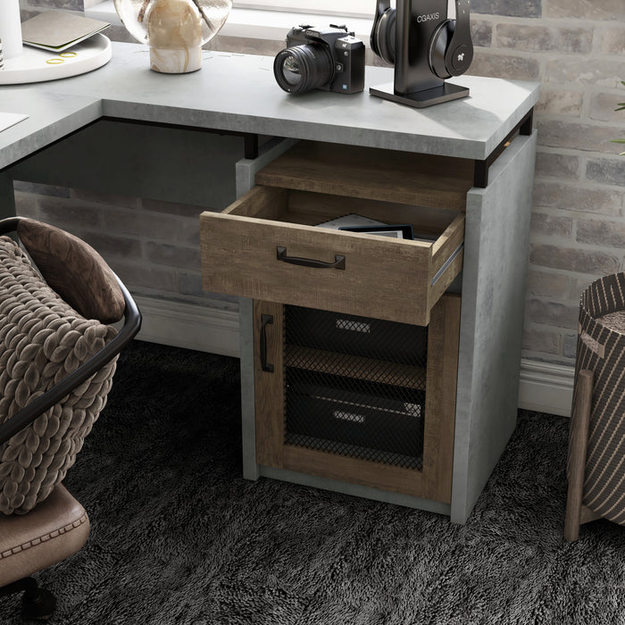 Detail shot of cement-inspired L-shaped desk in an urban home office.