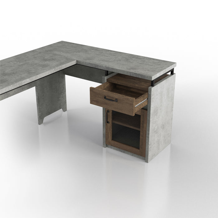 Detail shot of cement-inspired L-shaped desk against a white background. The built-in drawer opens on smooth metal glides.