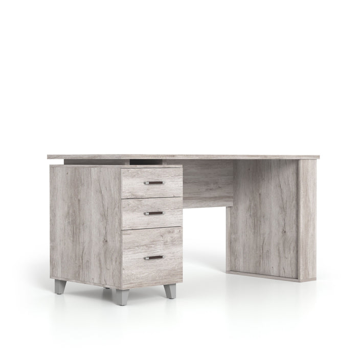 Right angled transitional coastal white office desk with three drawers on a white background