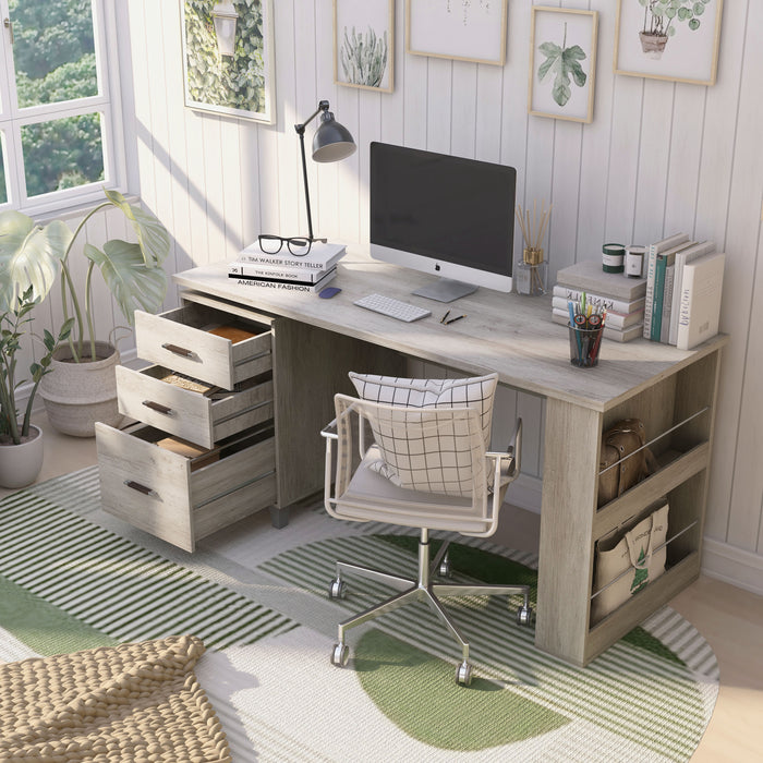 Left angled top view transitional coastal white office desk with three drawers open in a home office with accessories