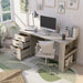 Left angled top view transitional coastal white office desk with three drawers open in a home office with accessories