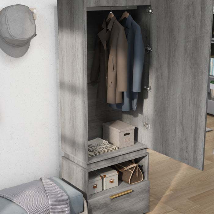 Left angled close up cabinet of amoire with mirror in a vintage gray oak finish in a room with accessories