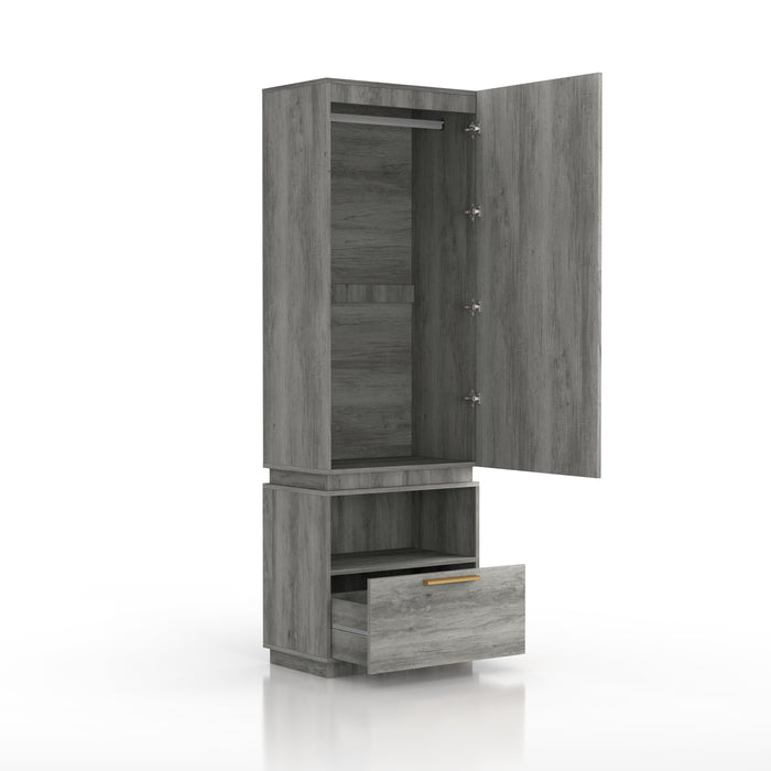 Right angled opened amoire with mirror in a vintage gray oak finish on a white background