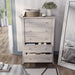 Front-facing transitional coastal white five-drawer tall dresser with splayed legs and two drawers open in a bedroom with accessories