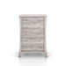 Front-facing transitional coastal white five-drawer tall dresser with splayed legs on a white background