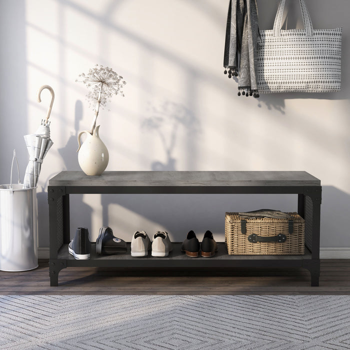 Front-facing urban vintage gray oak one-shelf bench in an entry with accessories