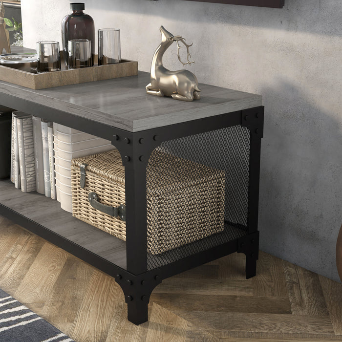 Left angled close up urban vintage gray oak one-shelf bench metal mesh detail in an entryway with accessories