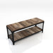 Right angled urban reclaimed barnwood one-shelf bench on a white background