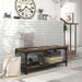 Right angled urban reclaimed barnwood one-shelf bench in an entryway with accessories