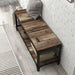 Left angled top view urban reclaimed barnwood one-shelf bench in an entryway with accessories