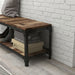 Left angled close up urban reclaimed barnwood one-shelf bench metal mesh detail in an entryway with accessories