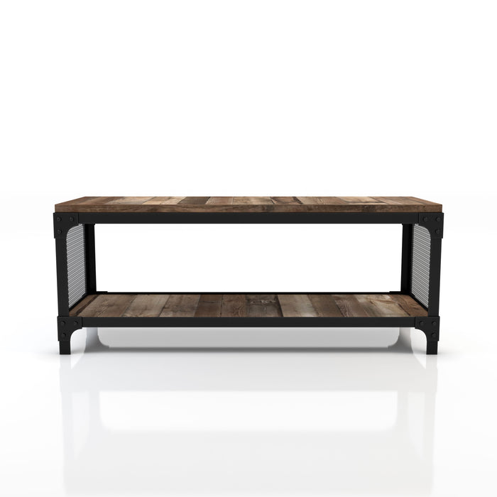 Front-facing urban reclaimed barnwood one-shelf bench on a white background